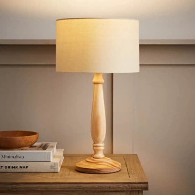 ValueLights Victoria Light Wood Traditional Stem Table Lamp with Fabric Drum Shade Natural