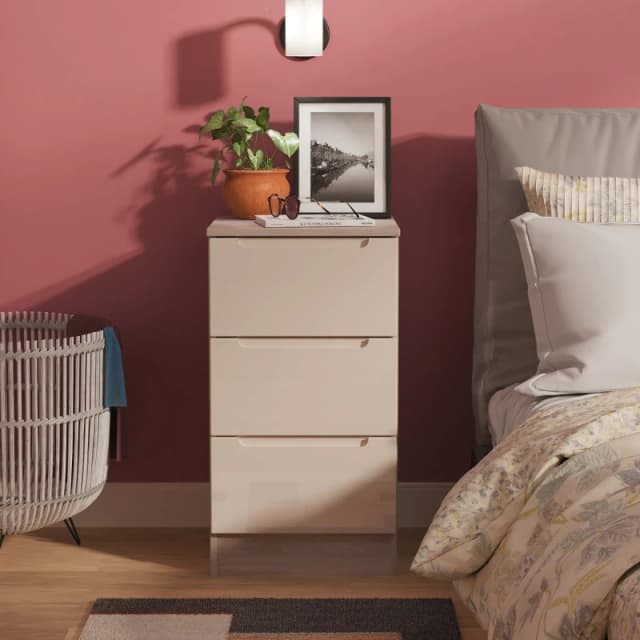 Cannes Ready Assembled 3 Drawer Bedside Cabinet in Kashmir Gloss & Grey Oak - Welcome Furniture TJ Hughes 5056812217421