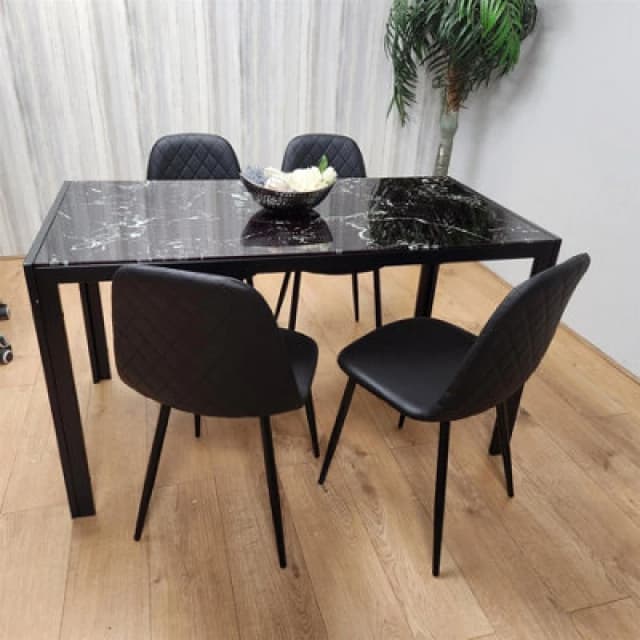 KOSY KOALA KOSY KOALA Black Glass Marble Effect Dining Table with 4 Black Gem Pattern Chairs Black One Size Unisex 5060711589565