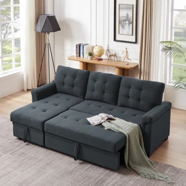 Corner Sofa Bed, L-Shaped Corner Sofa Bed With Storage, Settee Sleep Reversible Storage Chaise - Linen Dark Gray