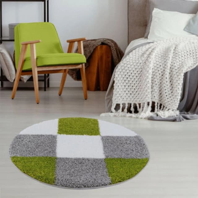 THE RUGS Fluffy & Soft Shaggy Rugs Living Room Rug in Green - Elegant Geometric Design Carpets For Bedrooms & Kitchen 381 Size: 120cm diameter Gr