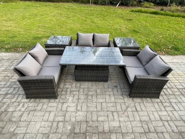 Fimous 6 pieces Outdoor Lounge Sofa Set Wicker PE Rattan Garden Furniture Set with Rising Lifting Table Double Seat Sofa 2 Side Tables in Dark Grey Da