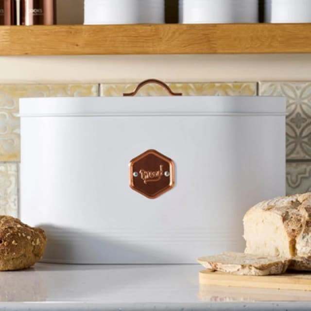 Cooks Professional Bread Bin - Modern Kitchen Countertop Labelled Metal Storage Canister Breathable Container - White & Copper