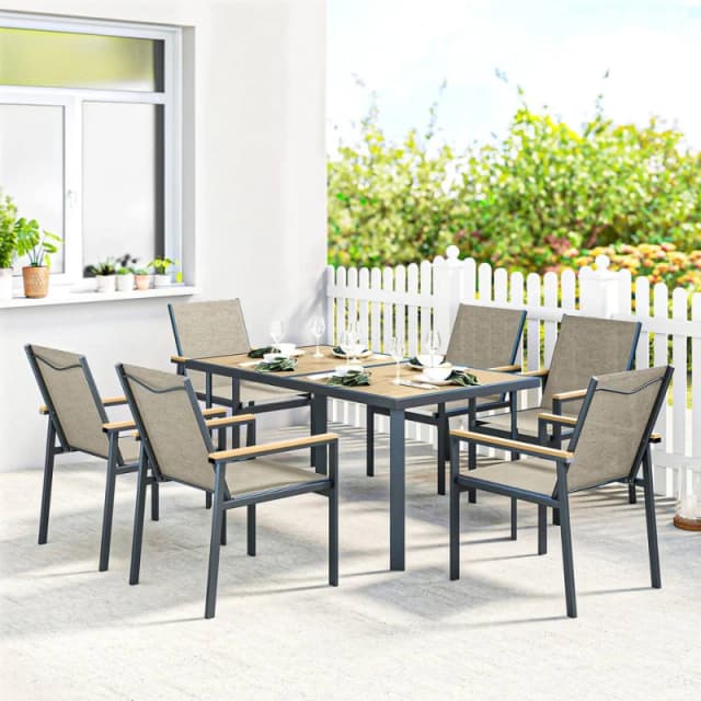 Outsunny 7 Piece Garden Dining Set, Outdoor Table and 6 Chairs, Khaki, Brown 84G-363V01KK