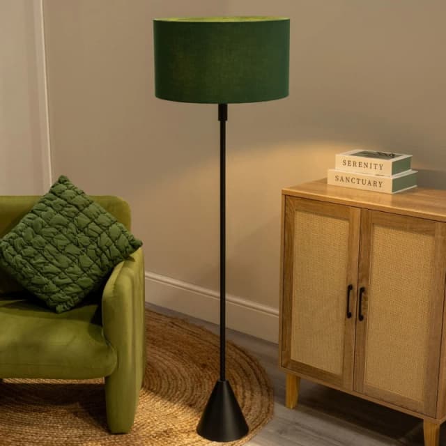 ValueLights ValueLights Mitch Fabric Drum Shade Black Wood Single Stem Triangle Floor Lamp in Bottle Green Bottle Green One Size Unisex 5059406064616