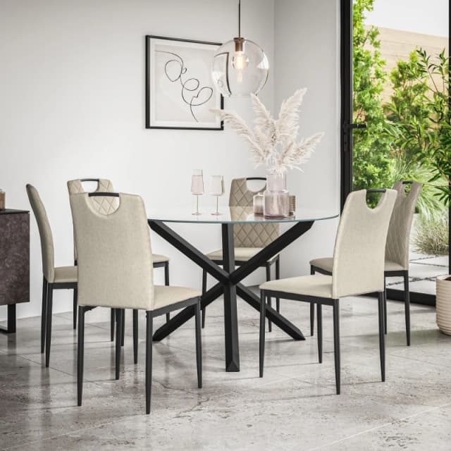 More4Homes Malvern Round Dining Table And Chairs - Clear Glass Table Top W Solid Oak Black Legs + Monza Fabric Dining Chair Set Of 6 (Beige)