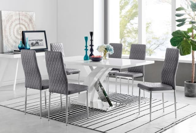 FurnitureboxUK FurnitureboxUK Atlanta 6 White Dining Table and 6 Velvet Milan Chairs in Grey Grey One Size Unisex 5056657144739