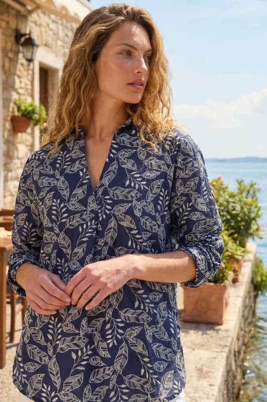 Roman Womens Leaf Embroidered Collared Top in Navy Size: 18 Navy Female 18