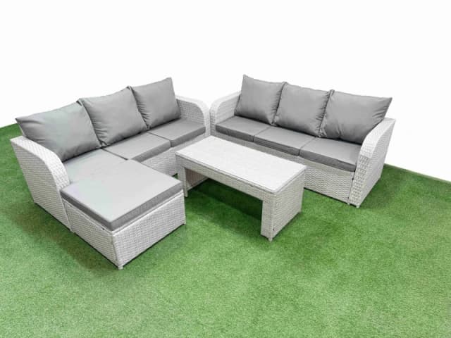 Fimous Outdoor Garden Furniture Sets 7 Seater Wicker Rattan Furniture Sofa Sets with Oblong Coffee Table high Back Lounge Sofa Big Footstool Light Gre