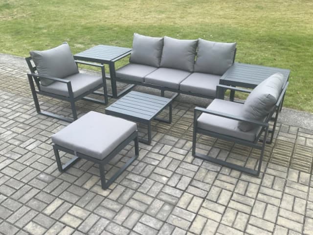 Fimous Aluminium 6 Seater Outdoor Lounge Sofa Set Garden Furniture Sets with Square Coffee Table Chair Big Footstool 2 Side Tables Dark Grey Dark Grey