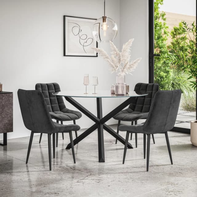 More4Homes Malvern Round Dining Table And Chairs - Clear Glass Table Top W Solid Black Oak Legs + Nova Velvet Dining Chair Set Of 4 (Black)