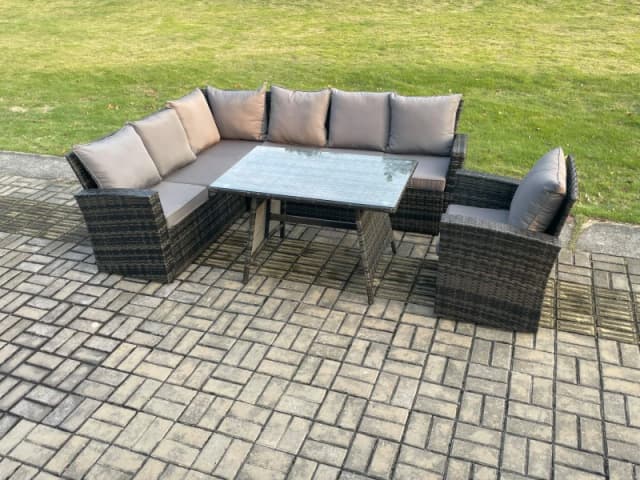 Fimous High Back Outdoor Garden Furniture Set Rattan Corner Sofa Dining Table Set With Armchair 7 Seater in Dark Grey Dark Grey Unisex