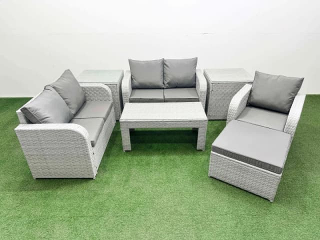 Fimous High Back Poly Rattan Garden Furniture Set with Reclining Chair Loveseat Sofa Oblong Coffee Table Indoor Outdoor Patio Set Big Stool 2 Side Ta