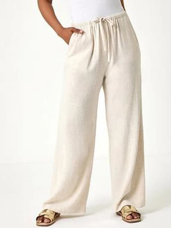 Roman Womens Petite Linen Mix Wide Leg Trouser in Natural Size: 16 Natural Female 16