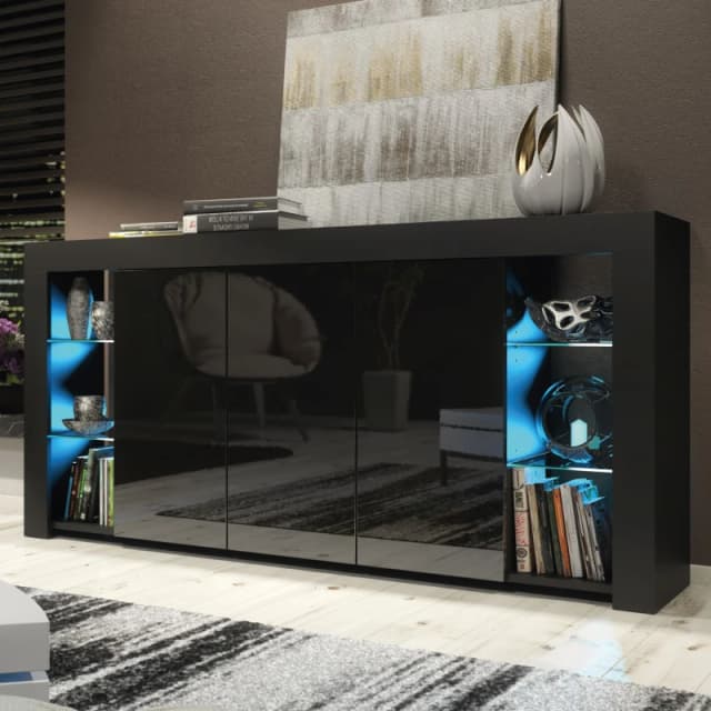 Mex Furniture LTD Sideboard with LED Lighting & Gloss Doors / 164cm Black