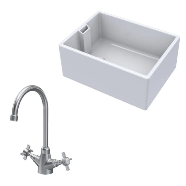 Balterley Fireclay 1 Bowl Belfast Sink Tap Brushed Nickel 615mm White