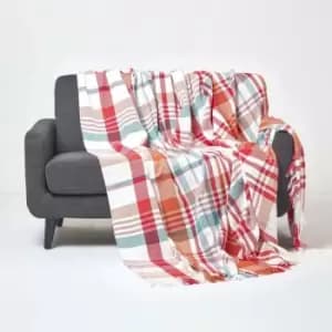 Red Tartan 100% Cotton Falun Throw with Tassels, 225 x 255cm - Red - Red - Homescapes