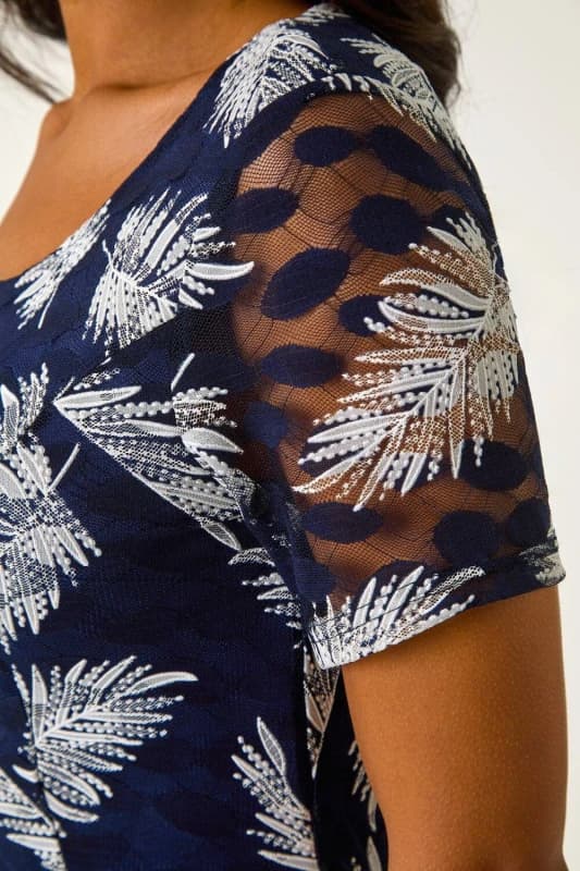 Roman Womens Leaf Print Lace Stretch Dress in Navy Size: 20 Navy Female 20