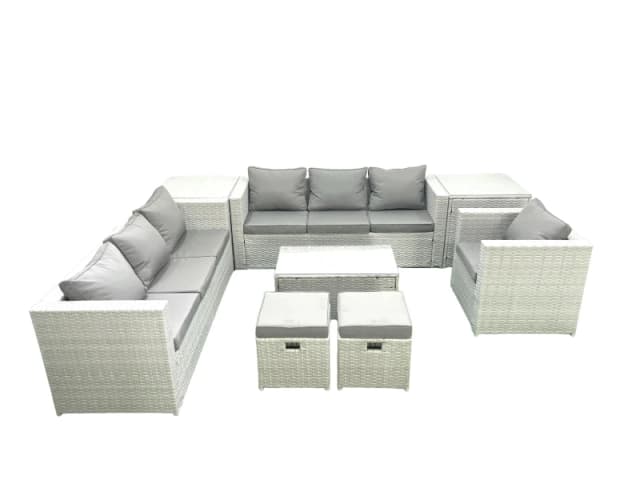 Fimous Wicker PE Rattan Sofa Garden Furniture Set with Armchair Oblong Coffee Table 2 Small Footstools 2 Side Tables Light Grey Mixed Light Grey