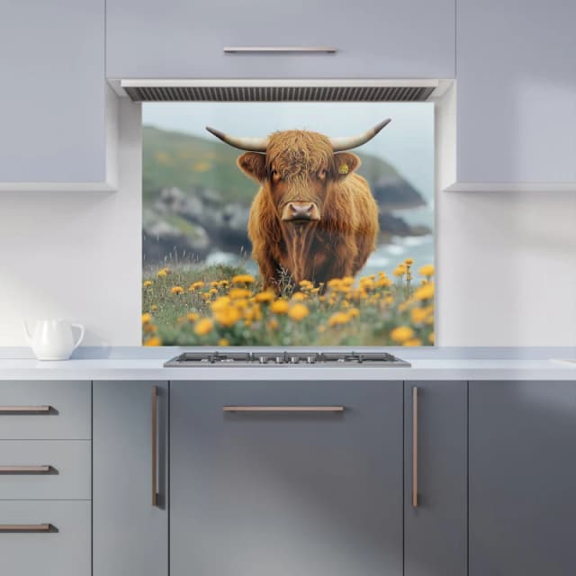 Warren Reed - Designer Highland Cow By The Coast Kitchen Splashback in Brown Size: 900mm x 750mm Brown Unisex 900mm x 750mm