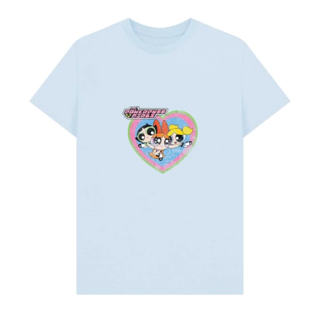 Powerpuff Girls Mens Faded Heart T-Shirt in Light Blue Size: Small Light Blue Male S