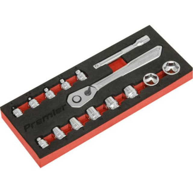 Loops 15 PACK Low Profile Socket Set - 1/4" Metric Sq Drive 6 Point & Ratchet Handle Multi