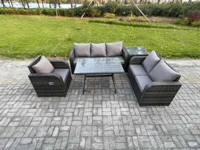 Fimous 6 Seater Outdoor Rattan Garden Furniture Set Patio Lounge Sofa Set with Dining Table Side Table Dark Grey Mixed Dark Grey