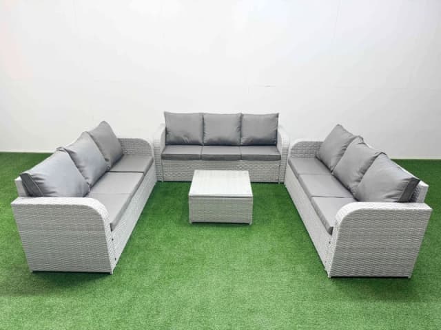 Fimous PE Rattan Lounge Sofa Set 9 Seater Outdoor Garden Furniture Set with Square Coffee Table 3 Seater Sofa Light Grey Light Grey