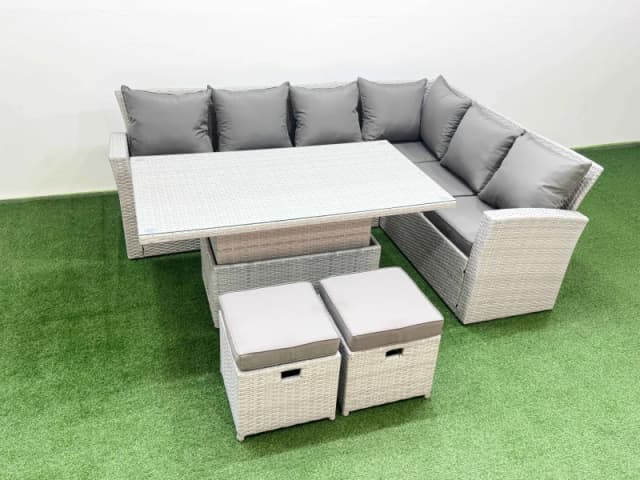 Fimous 8 Seat Rattan Garden Furniture Corner Sofa Set with Chair Footstools in Light Grey Light Grey Unisex
