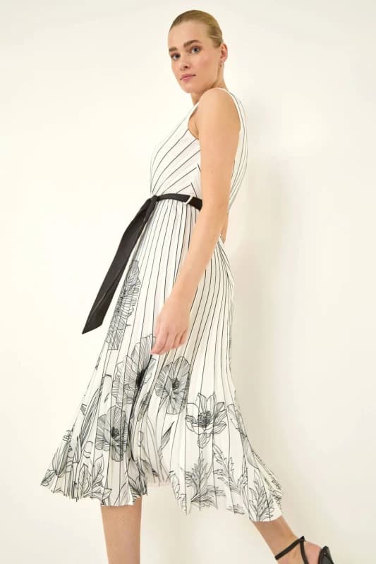 Roman Womens Border Print Pleated Midi Dress in Ivory Size: 10 Ivory Female 10