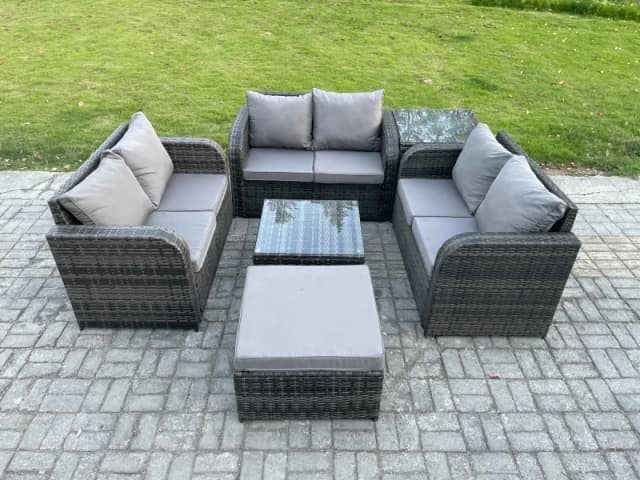 Fimous Outdoor Garden Furniture Sets 7 Seater Wicker Rattan Furniture Sofa Sets with Square Coffee Table Love seat Sofa Footstool Dark Grey
