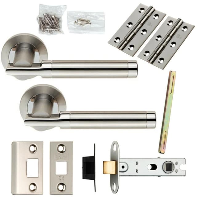 Loops Door Handle & Latch Pack Polished & Satin Steel Round Bar Screwless Rose Metallics