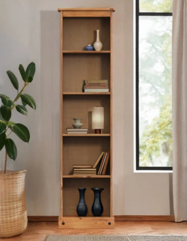 Mercers Furniture Corona Tall Narrow Bookcase Slim Large Display Storage Solid Wood Pine With Mexican Styling Wooden
