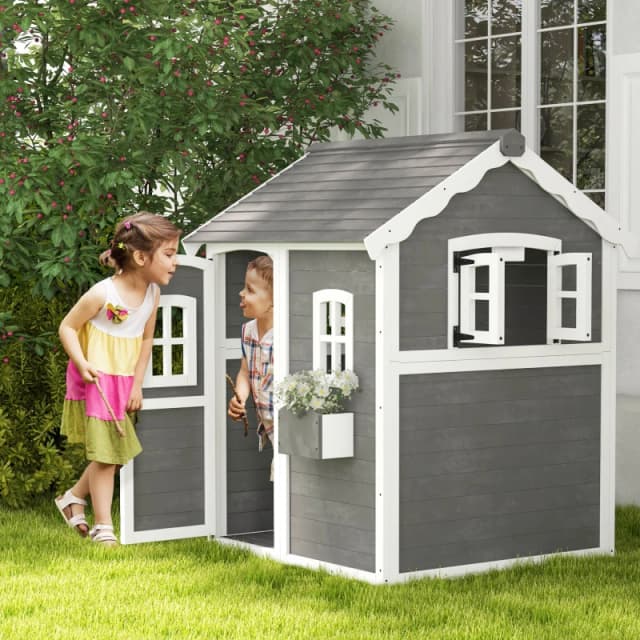 Outsunny Wooden Playhouse with Floors for Ages 3-8 Years, for Gardens, Lawns, Patios Grey