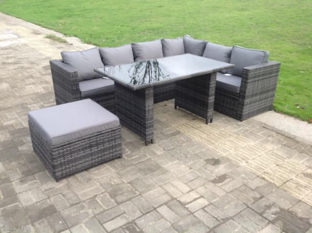 Fimous 7 Seater Rattan Corner Sofa Set Rectangular Dining Table Set With Seat And Back Cushion Dark Grey