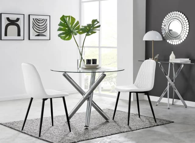 FurnitureboxUK FurnitureboxUK Selina Round Glass Chrome Leg Dining Table and 2 Corona Black Leg Chairs in Off White Size: 2 Person Off White 2 Perso