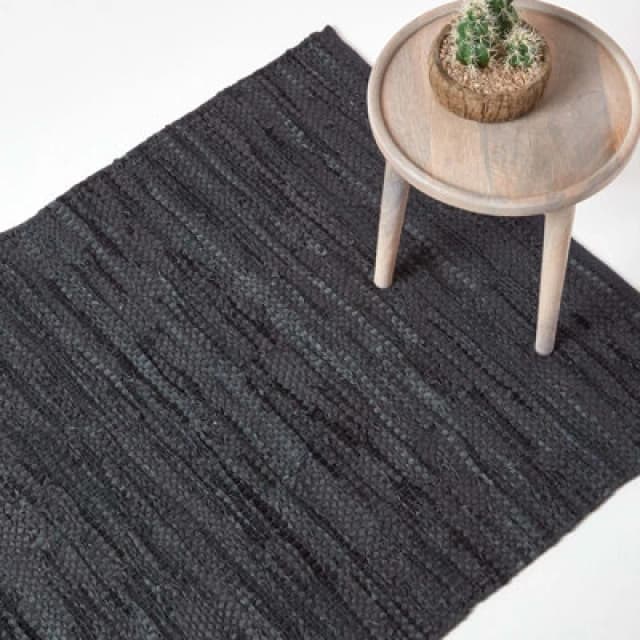 Homescapes Denver Leather Woven Rug Black, 90 X 150 Cm