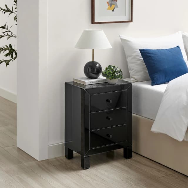 FurnitureboxUK FurnitureboxUK Lexi Large Wooden Bedside Table with 3 Drawers and a Modern Mirrored Finish in Black One Size Unisex 5056542692017