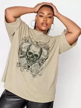 Yours Boxy Tee Acid Wash Grunge Skull. Neutral, Natural, Size 20, Women