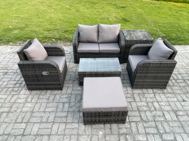 Fimous 6 PC Outdoor PE Rattan Garden Furniture Set Wicker Love Sofa Coffee Table 2 Armchair Big Footstool Side Table Dark Grey