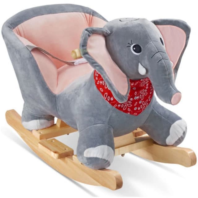 Tectake Rocking Horse Elephant - Wooden Rocking Horse With Plush Cover, From 12 Months - 45.5 Centimetre - Grey