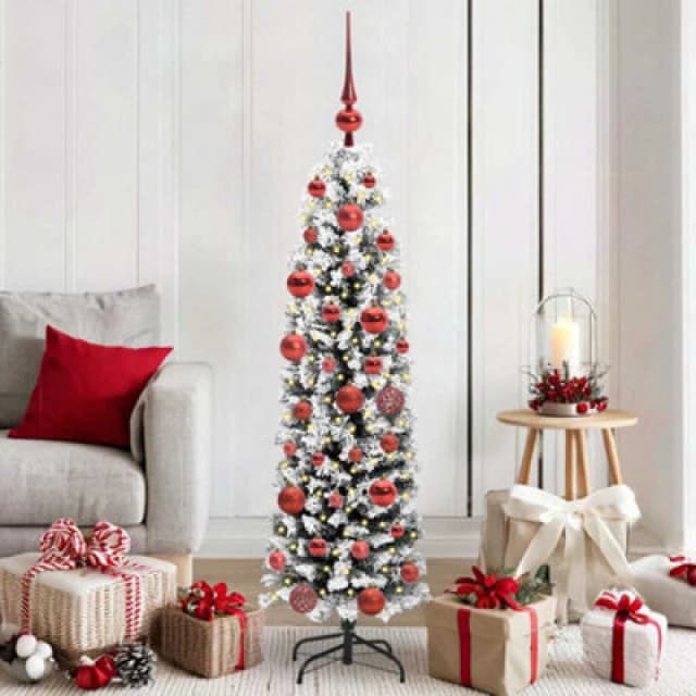 vidaXL Artificial Christmas Tree with 150 LEDs, Red Balls, Flocked Snow with Stand Green 150 cm, Green 3395005