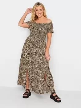 Yours Shirred Bardot Maxi Dress Leopard, Brown, Size 18, Women