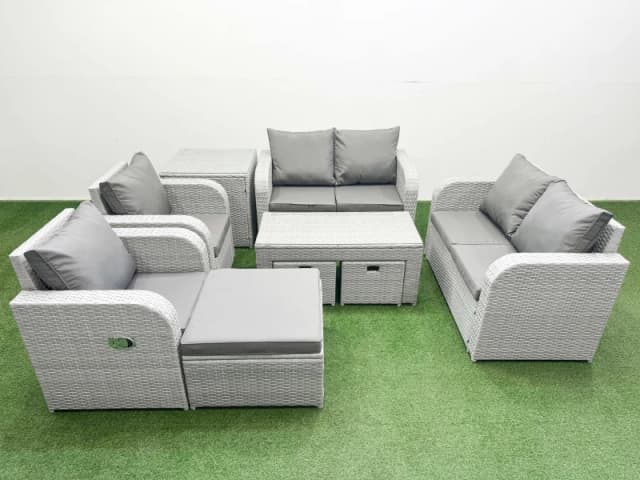 Fimous 9 Seater Outdoor Reclining Chair Love Sofa Set Rattan Garden Furniture Set with Oblong Coffee Table 3 Stools Side Table Light Grey Light Grey
