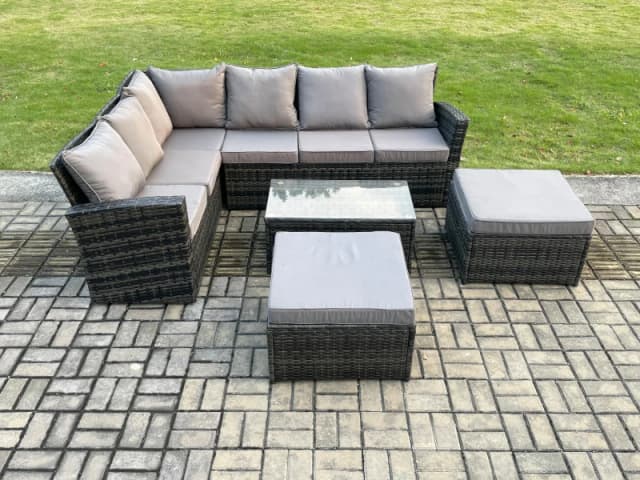 Fimous 8 Seater High Back Outdoor Garden Furniture Set Rattan Corner Sofa Set With Big Footstool Dark Grey Mixed Dark Grey