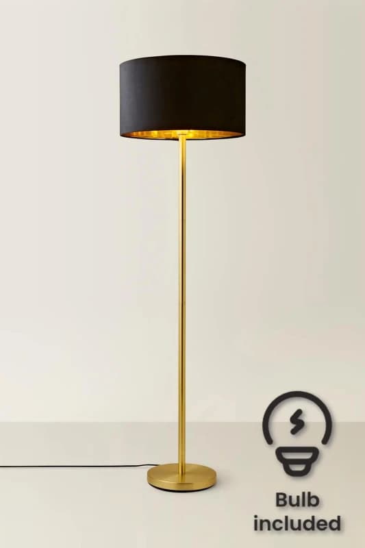 ValueLights ValueLights Charlie Gold Stem Floor Lamp with Velvet Drum with Gold Inner Shade & LED Bulb in Black One Size Unisex 5059406060588