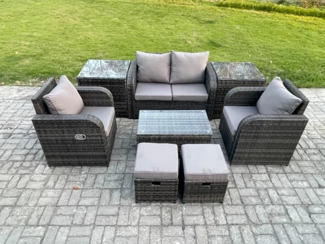 Fimous Outdoor Lounge Sofa Set 6 Seater Rattan Garden Furniture Set with Rectangular Coffee Table 2 Small Footstools Dark Grey