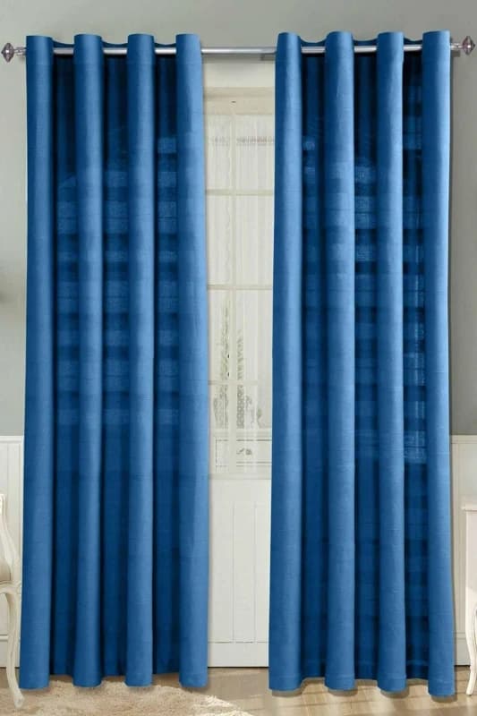 Homescapes Cotton Rajput Ribbed Blue Curtain Pair, 66 X 72" Drop