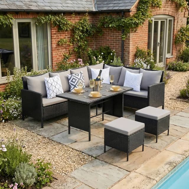 Home Garden Direct Thalia - Rattan Corner Sofa Set with Polywood Table & stools - Black - 8 Seats Black Unisex