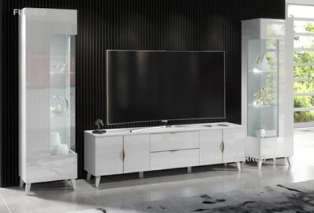 Furneo High Gloss & Matt White Living Room Set TV Stand Display Cabinets Azzurro 10/12 White LED Lights